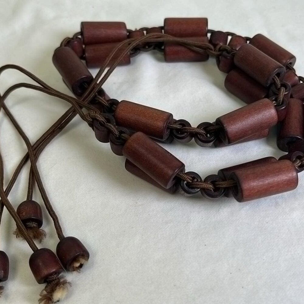 Vintage Dark Brown Beaded Tassel Tie Belt Fringe Ties Boho Hippie